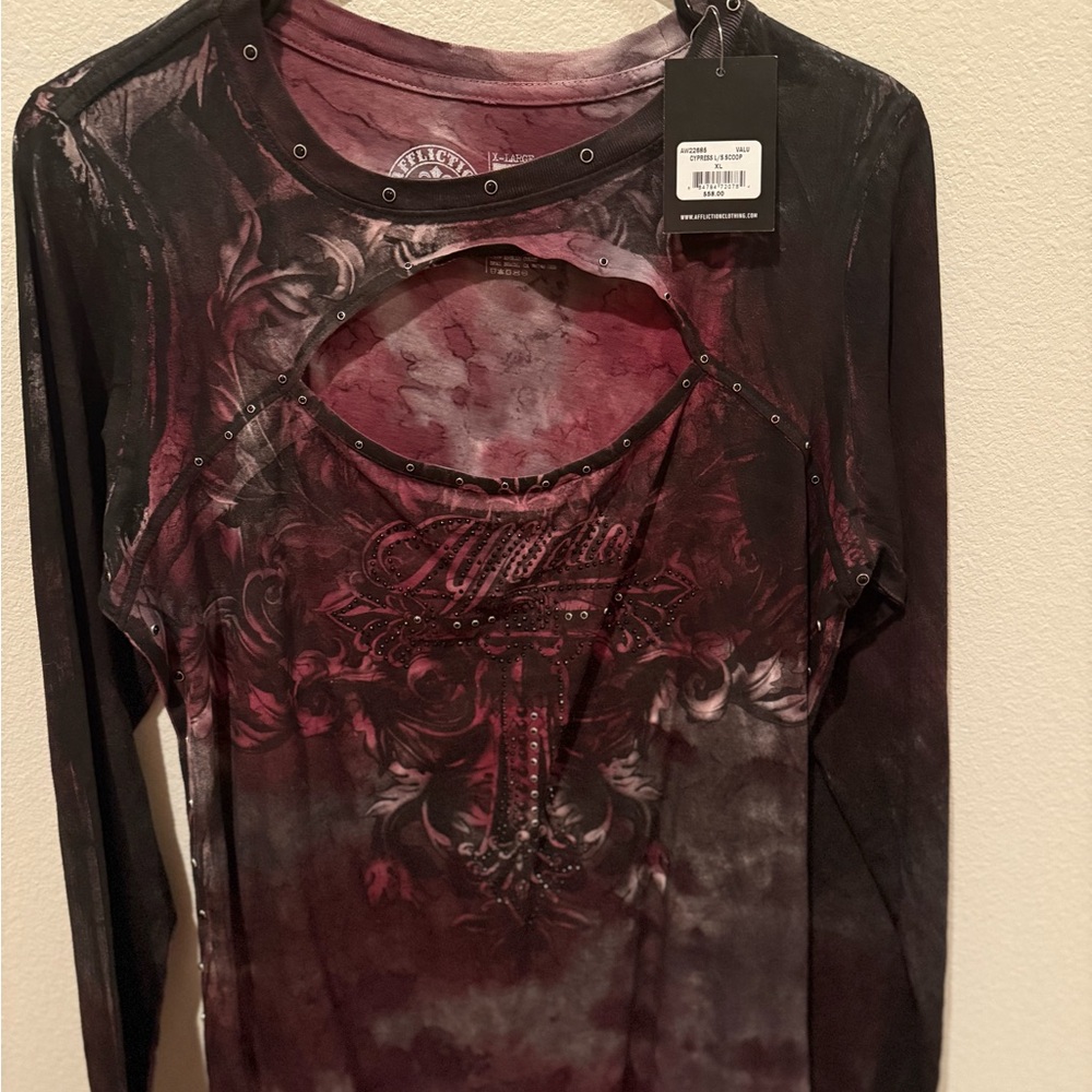 Affliction Red Long Sleeve Cut Out Graphic Blouse